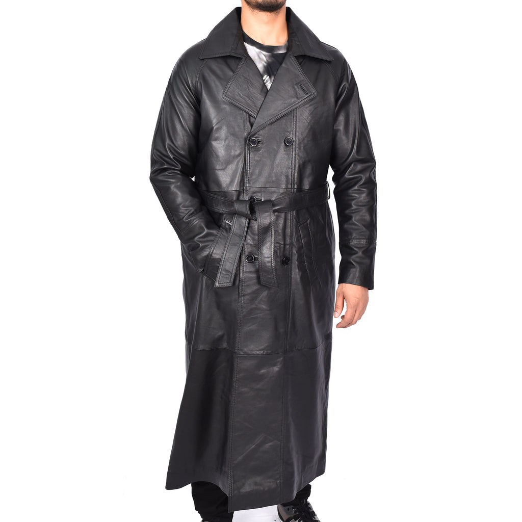 Men's Trench Double Breasted Full Length Leather Coat Black Oskar-4