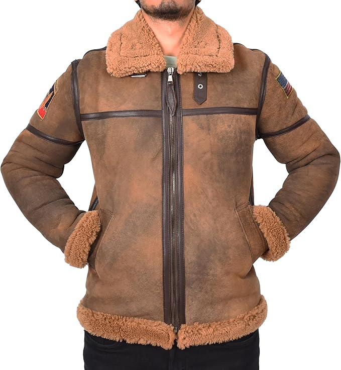 Men’s Distressed Finish Sheepskin B3 Bomber Jacket with Badges Aviator Axel Brown-4