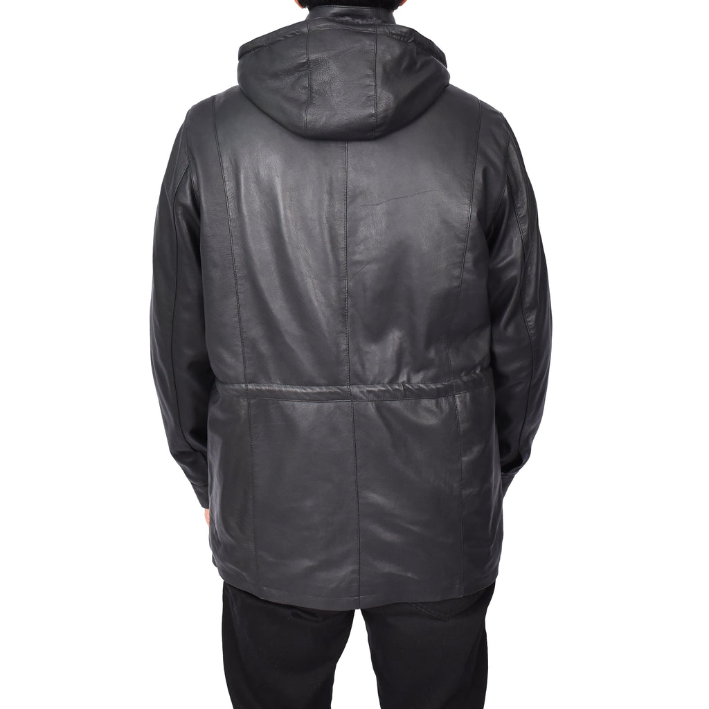 Men's Real Leather Detachable Hood Parka Coat Gents Jacket Black Borge-4