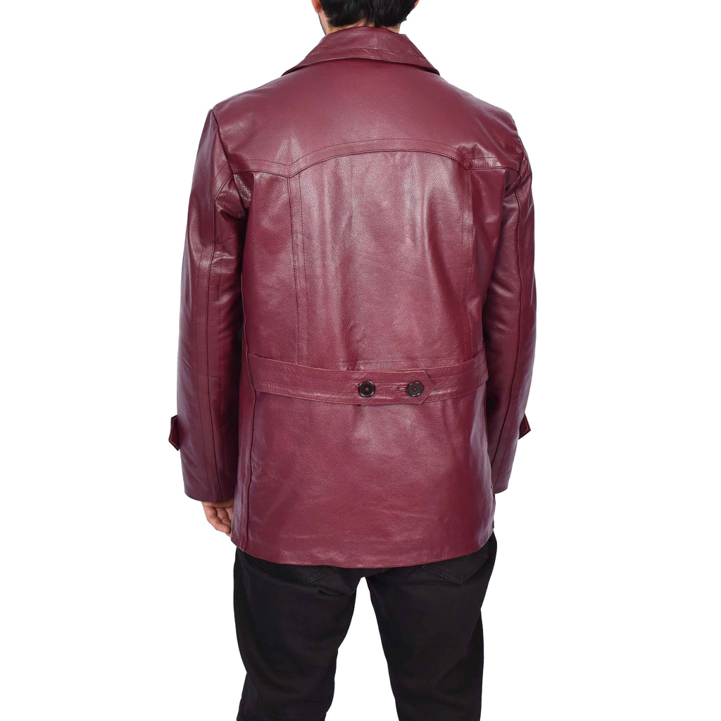 Men’s Trench Pure Leather Fitted Reefer Military Overcoat Burgundy Denbey-4