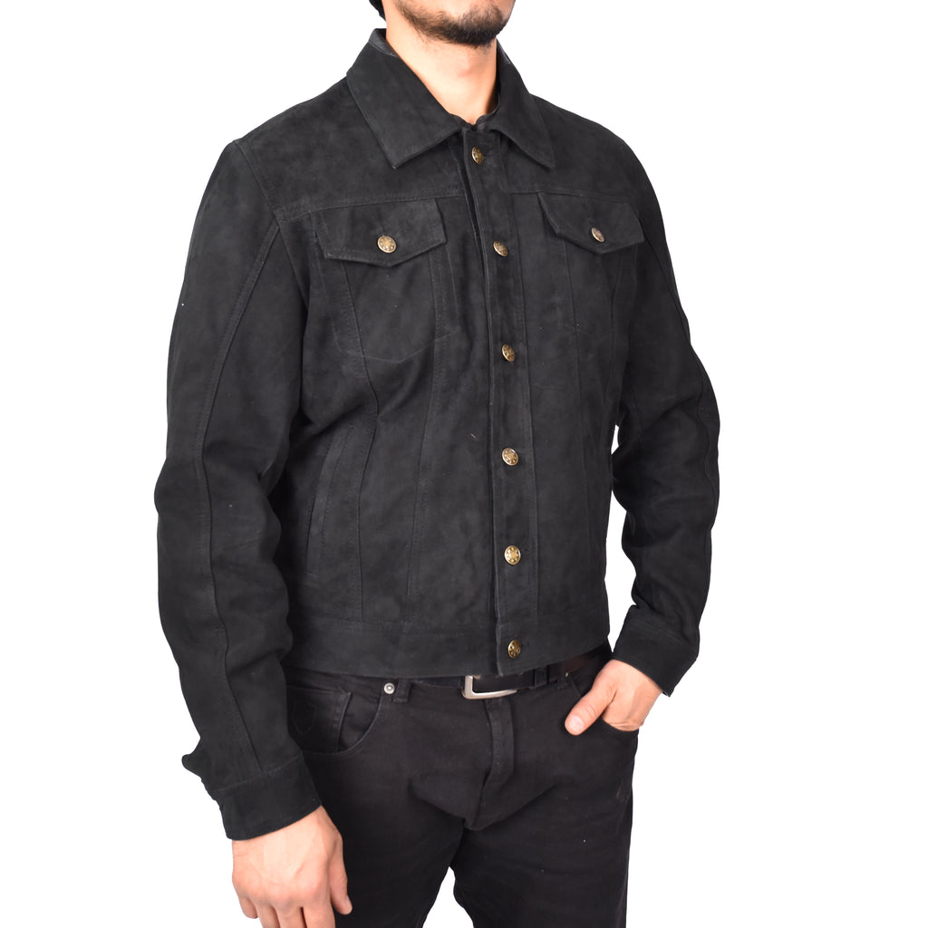 Men's Genuine Suede Buttoned Leather Jacket Trucker Style Black Rorik-4