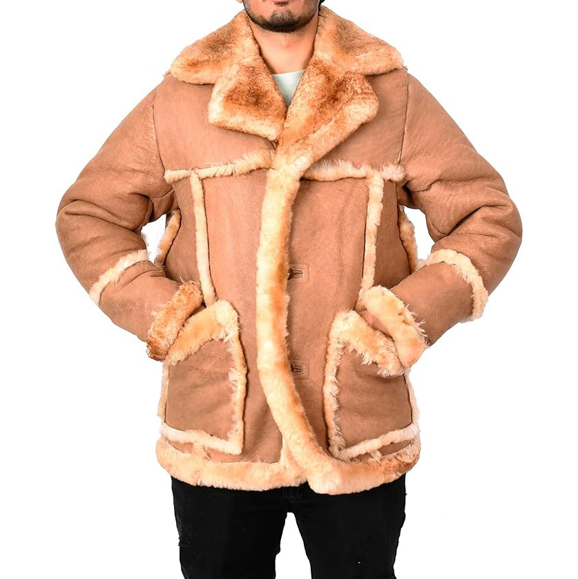 Men’s Luxurious Warm Winter Genuine Shearling Sheepskin Fur Coat Tyrell Tan-4