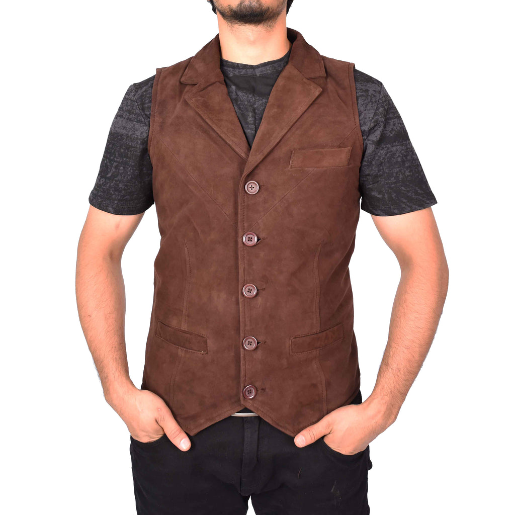 Men's Blazer Style Suede Leather Waistcoat Gents Vests Brown Howie-4