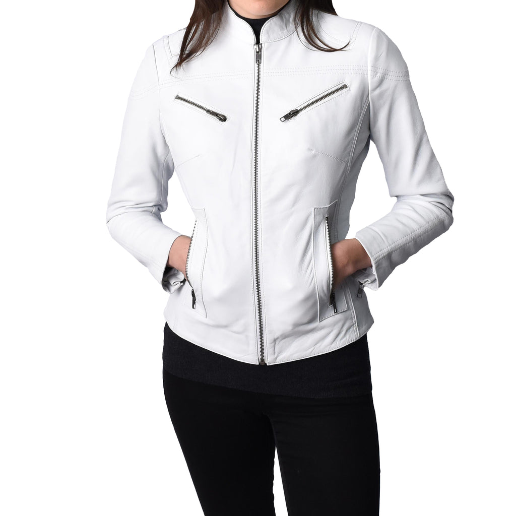 Ladies Classic Casual Biker Real Leather Jacket White MotoBliss 5