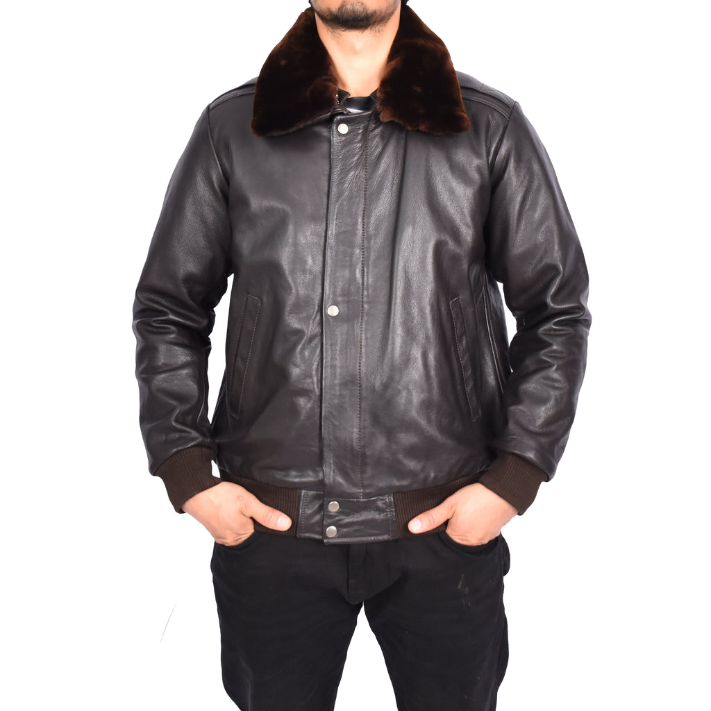 Men's Real Leather Bomber Pilot Jacket Removable Collar Brown Edzard-4