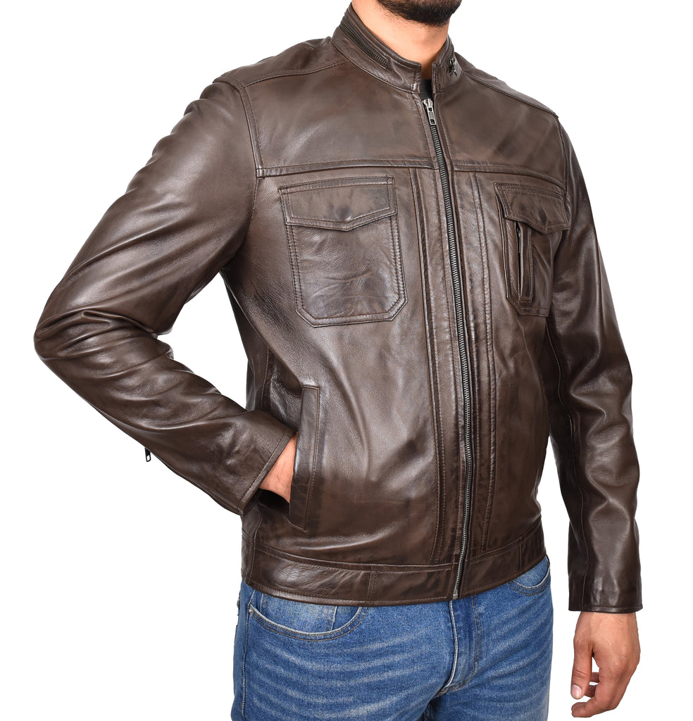 DR149 Men's Vintage Style Leather Biker Jacket Brown 4