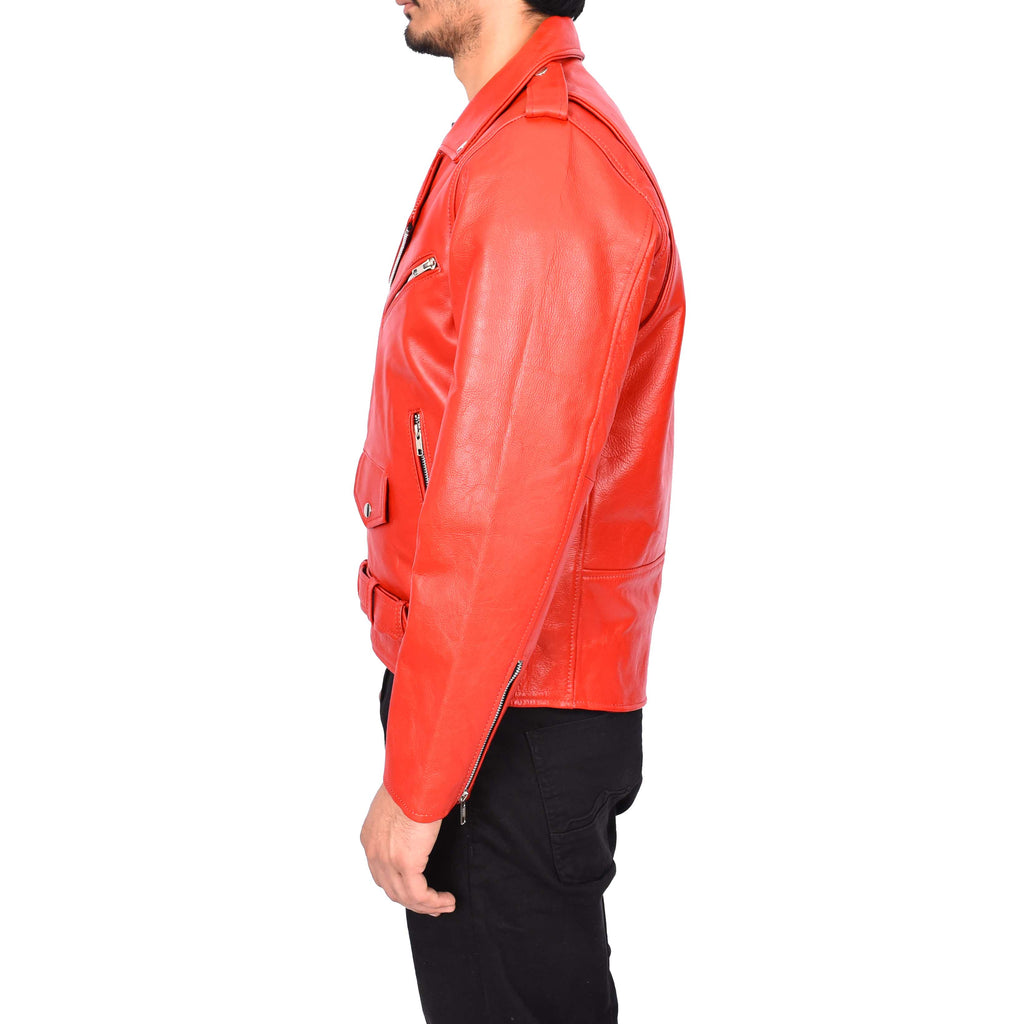 Men's Hard Wearing Real Cowhide Leather Biker Jacket Red Gunther-4