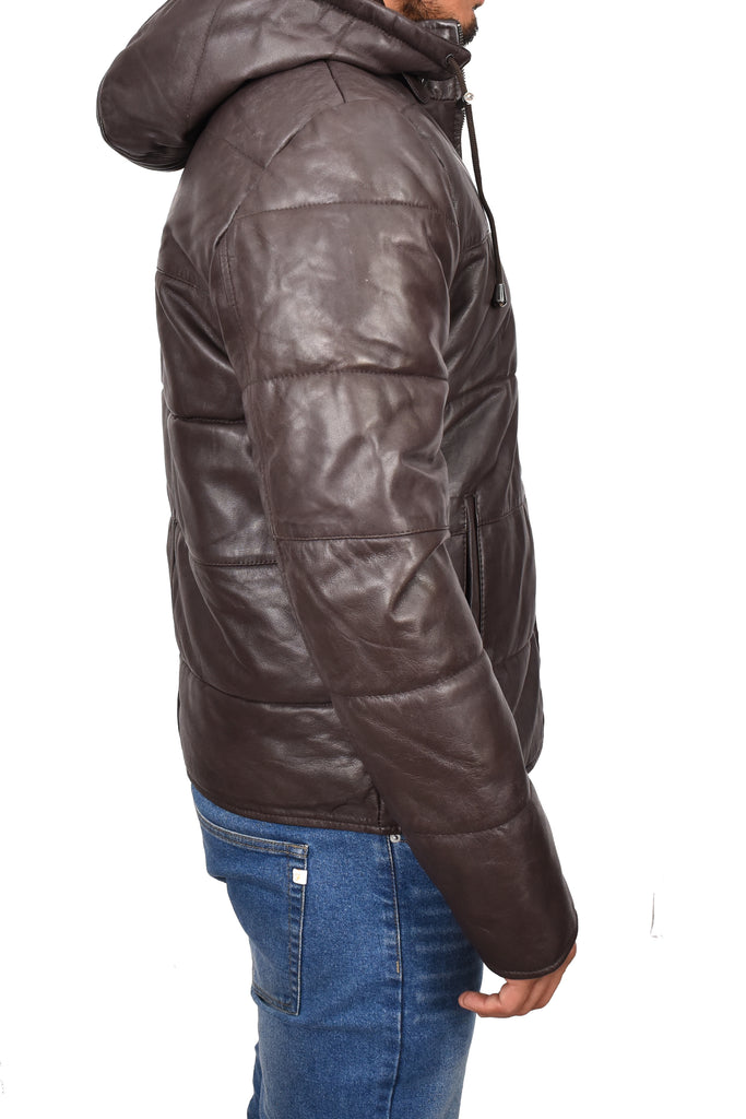 DR188 Men's Leather Hooded Puffer Jacket Brown 4