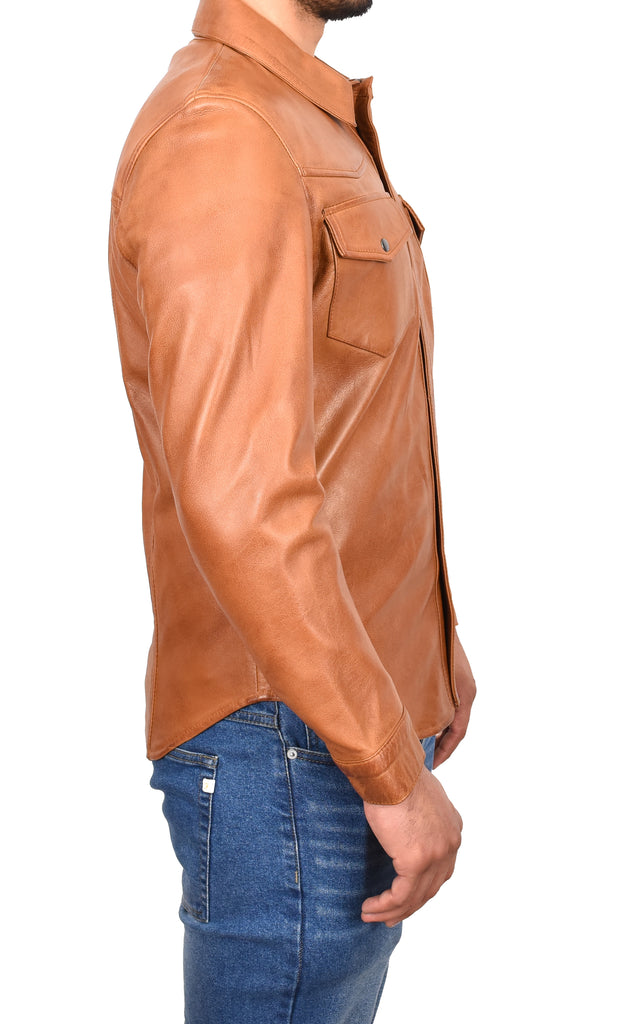 DR548 Men's Classic Leather Trucker Style Shirt Tan 4