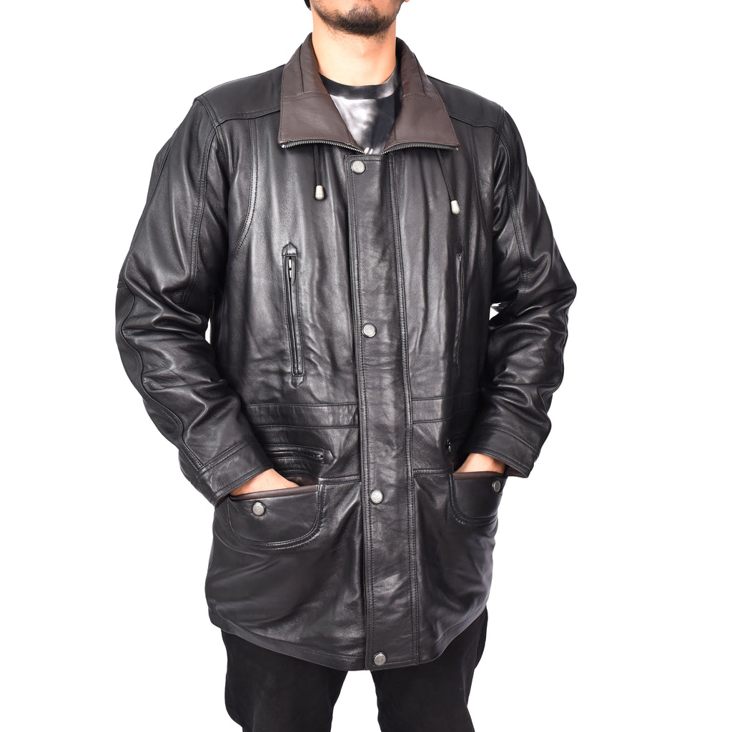 Gent's Classic Real Leather Coat Mens Parka Style Jacket Black Carlsen-4