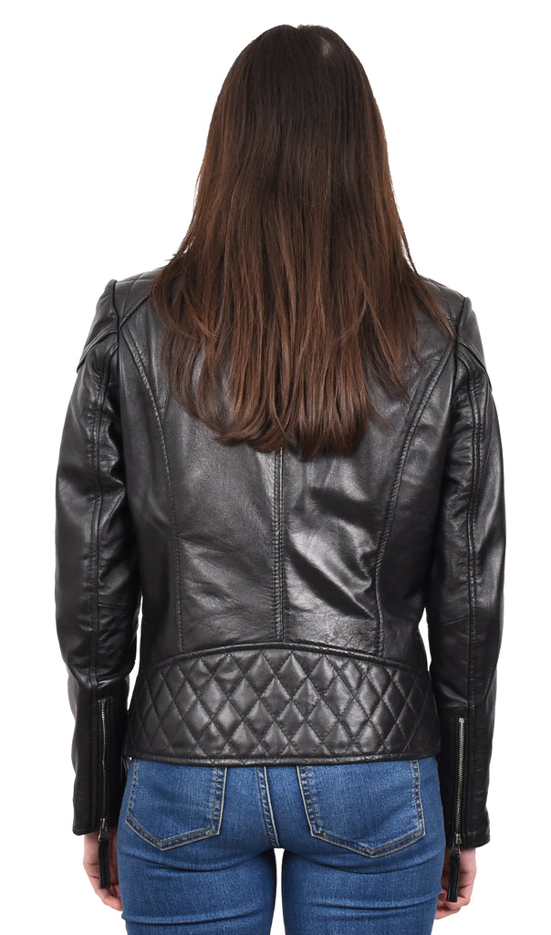 DR570 Women's Cross Zip Pocketed Real Leather Biker Jacket Black 4