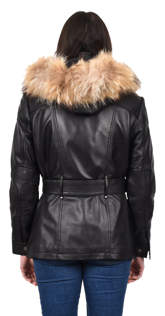 DR225 Women's Winter Warm Leather Hood Jacket Black 4