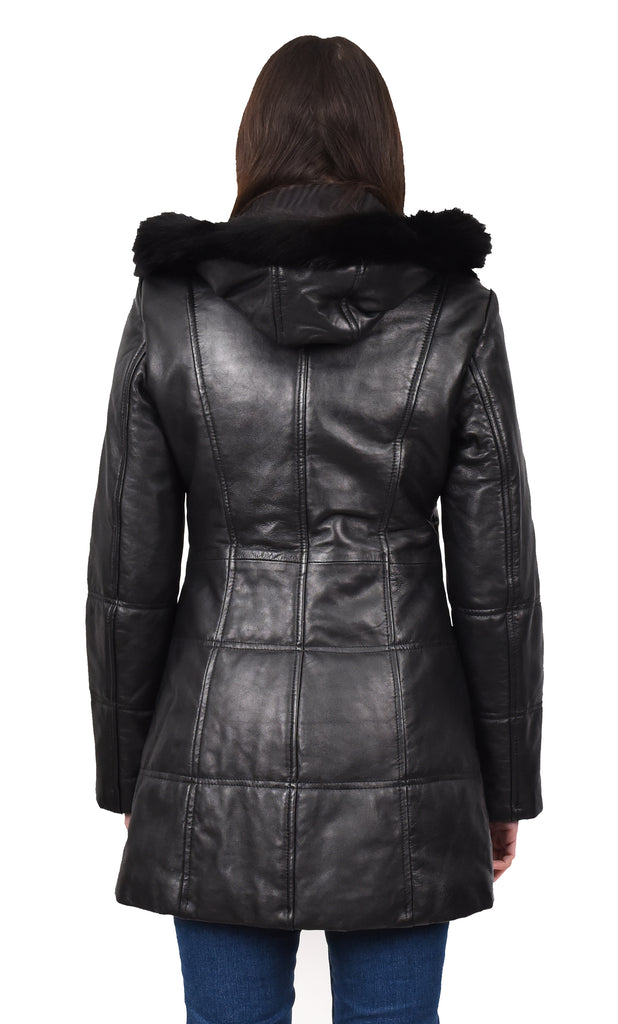 DR254 Women’s Leather 3/4 Length Puffer Coat Black 3