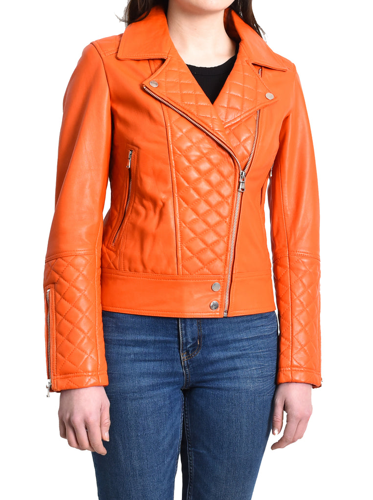 DR238 Women's Leather Biker Jacket with Quilt Detail Orange 5