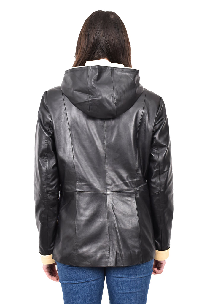 DR226 Women's Winter Warm Leather Jacket with Hood Black 4