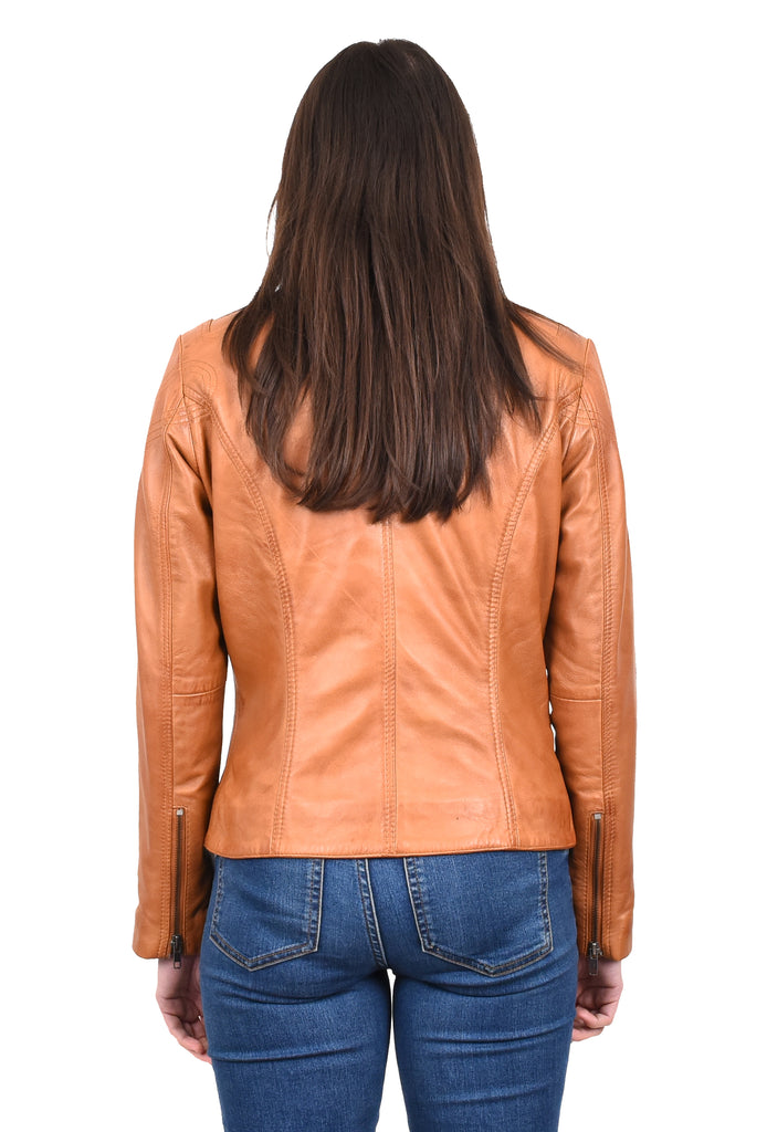 DR200 Ladies Classic Casual Biker Leather Jacket Tan 4