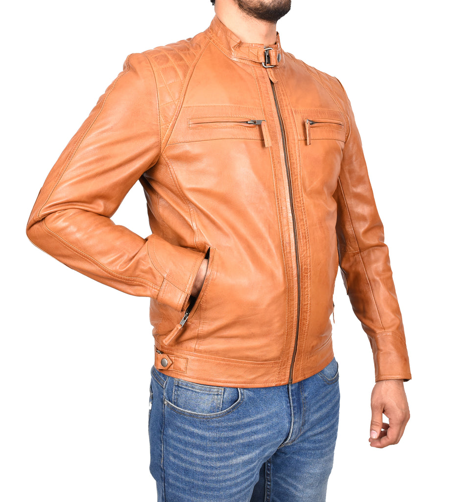 DR117 Men's Biker Leather Jacket Cognac 4