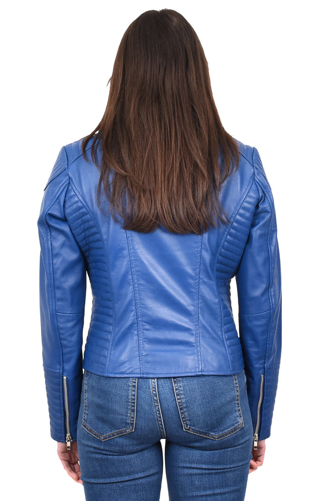 DR206 Women's Soft Leather Cross Zip Biker Jacket Blue 4