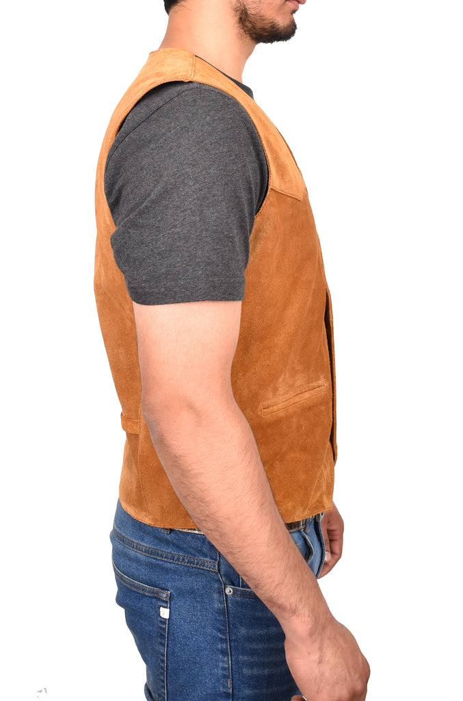 DR121 Men's Leather Suede Cowboy Waistcoat Tan 4