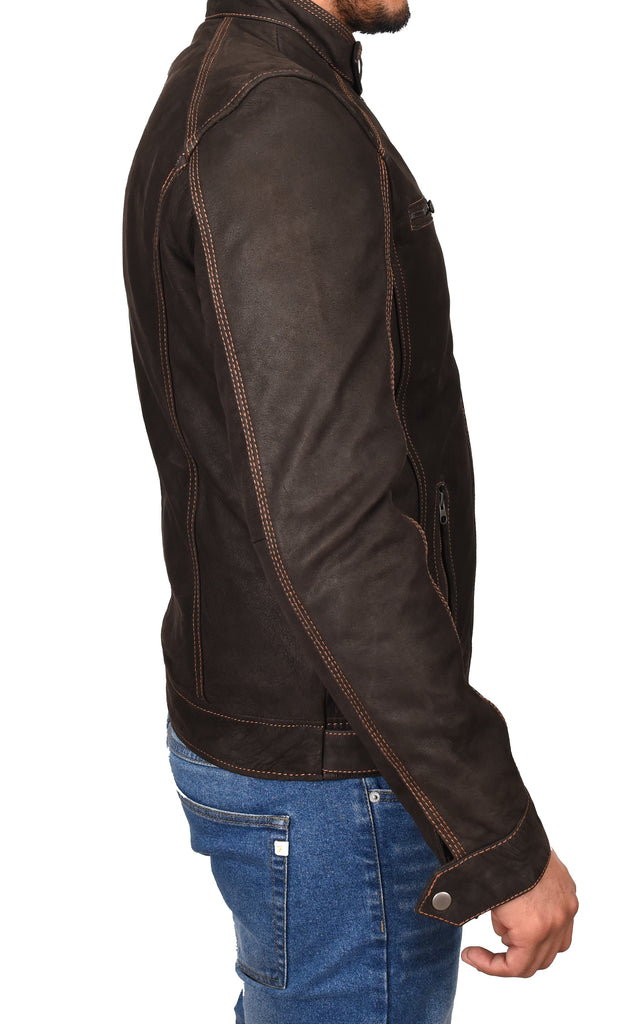DR193 Men’s Real Waxed Leather Biker Jacket Brown 4