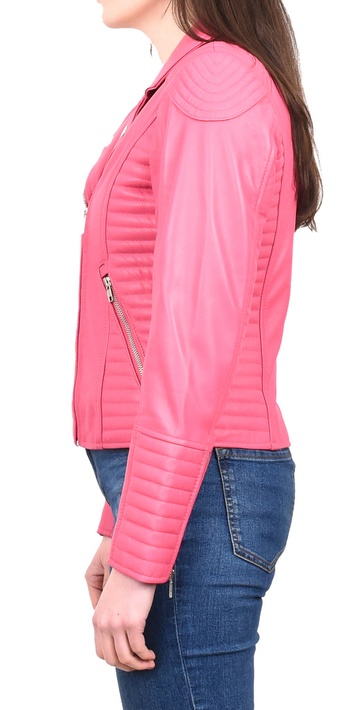 DR206 Women's Soft Leather Cross Zip Biker Jacket Pink 4