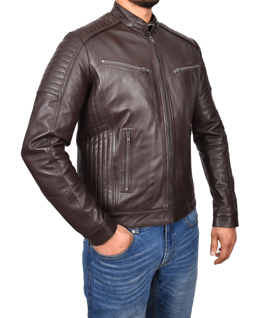 DR101 Men's Leather Cafe Racer Biker Jacket Brown 4