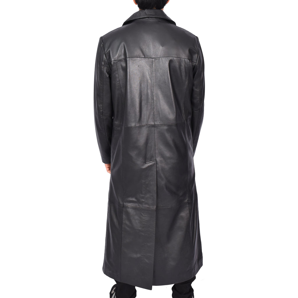 Men's Long Full Anchor Length Coat Real Sheep Leather Classic Black Rosco-4