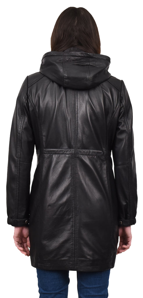 DR218 Women's Smart Long Leather Coat Hood Black 4