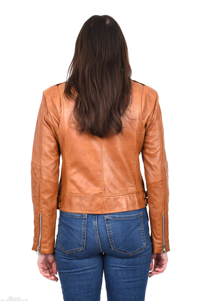 DR207 Women's Real Leather Biker Cross Zip Jacket Tan 4