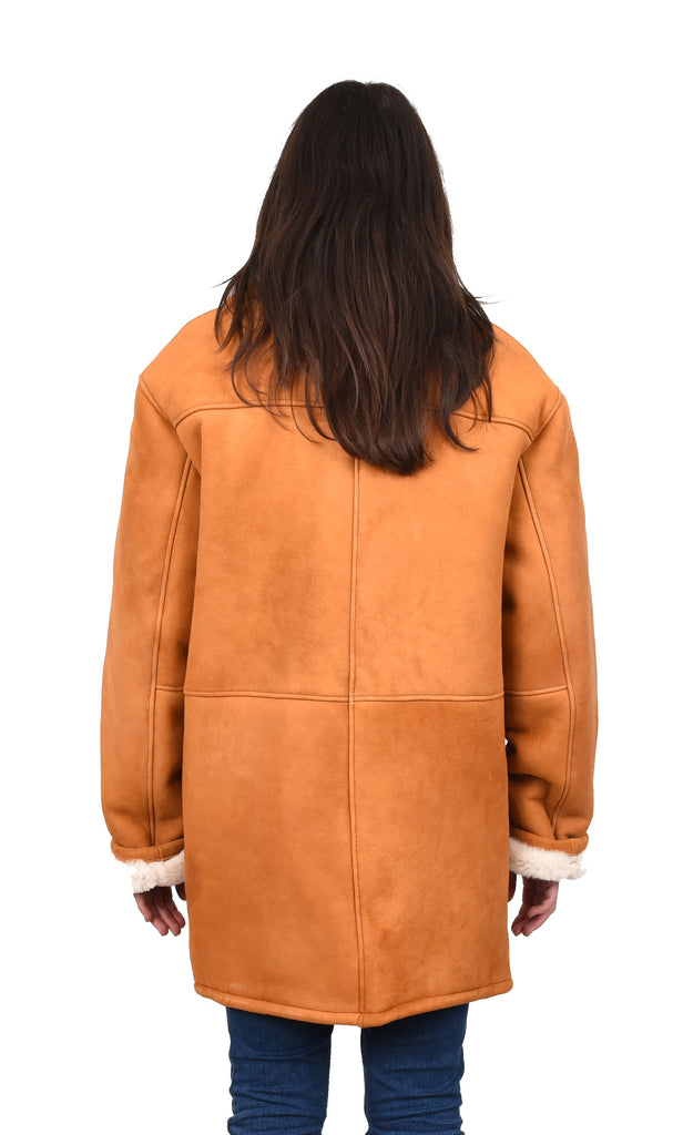 DR595 Women's Soft Sheepskin Mid Length Coat With Fur Collar Cognac 4