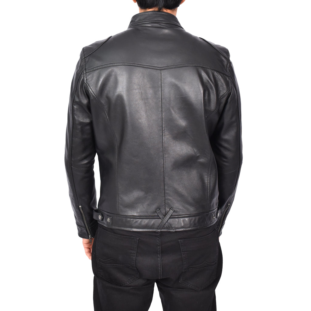 Men's Vintage Style Biker Real Leather Jacket Black Dagen-4