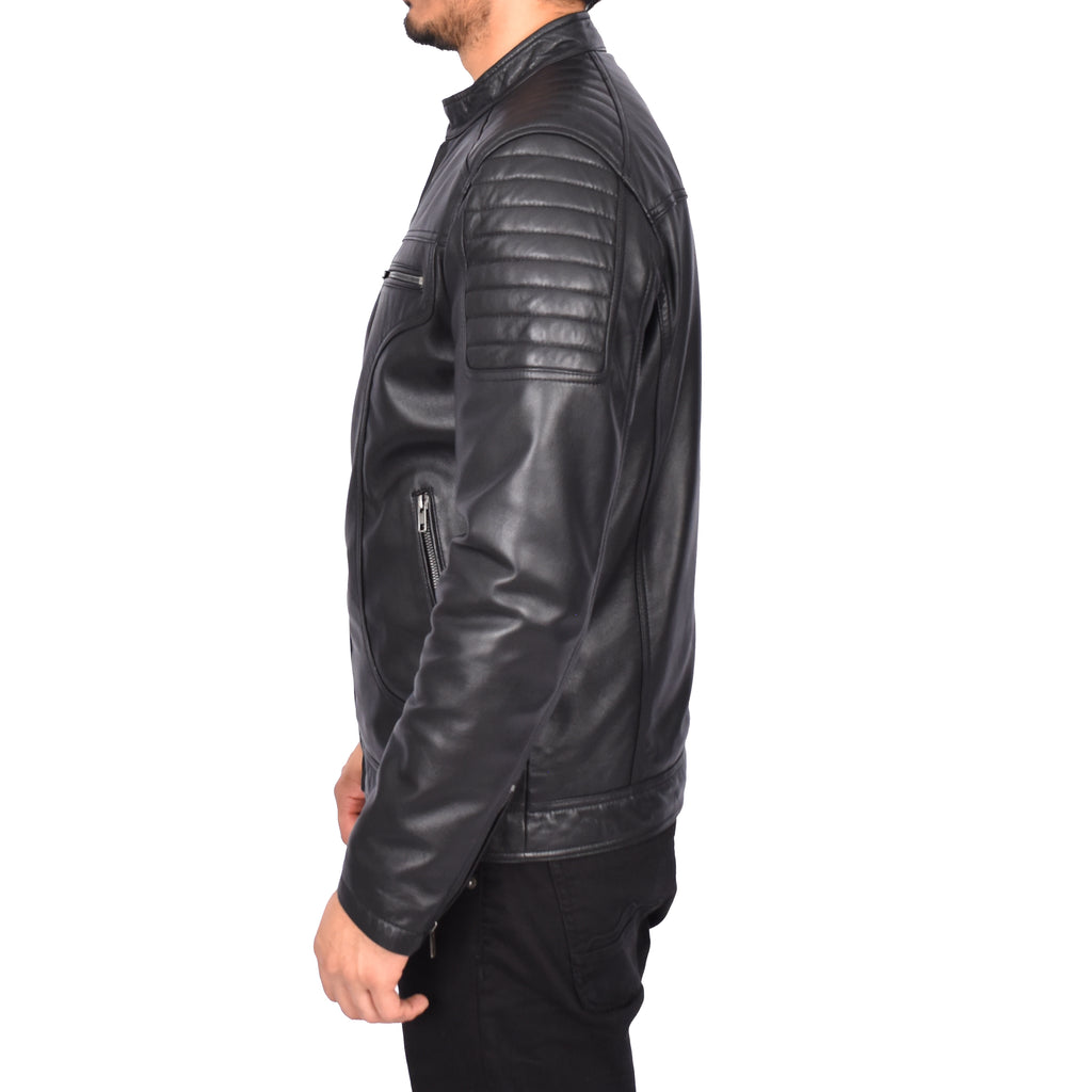 Men's Genuine Leather Biker Style Zip Jacket Black Anton-4