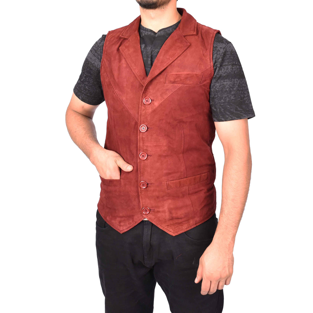 Men's Blazer Style Suede Leather Waistcoat Gents Vests Burgundy Howie-4