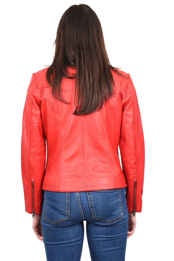 DR200 Ladies Classic Casual Biker Leather Jacket Red 4