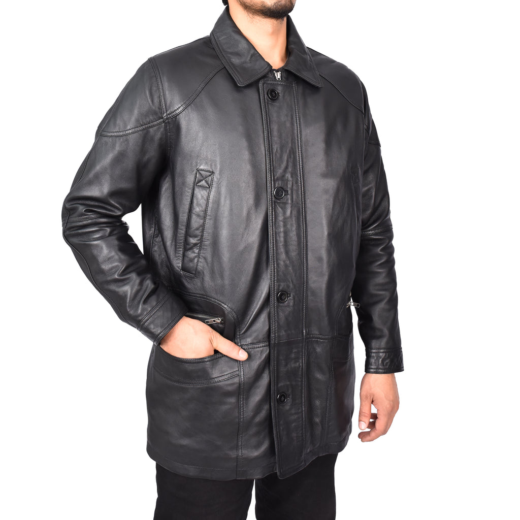 Men’s Genuine Leather Parka Overcoat Gents Car Coat Black Aric-4