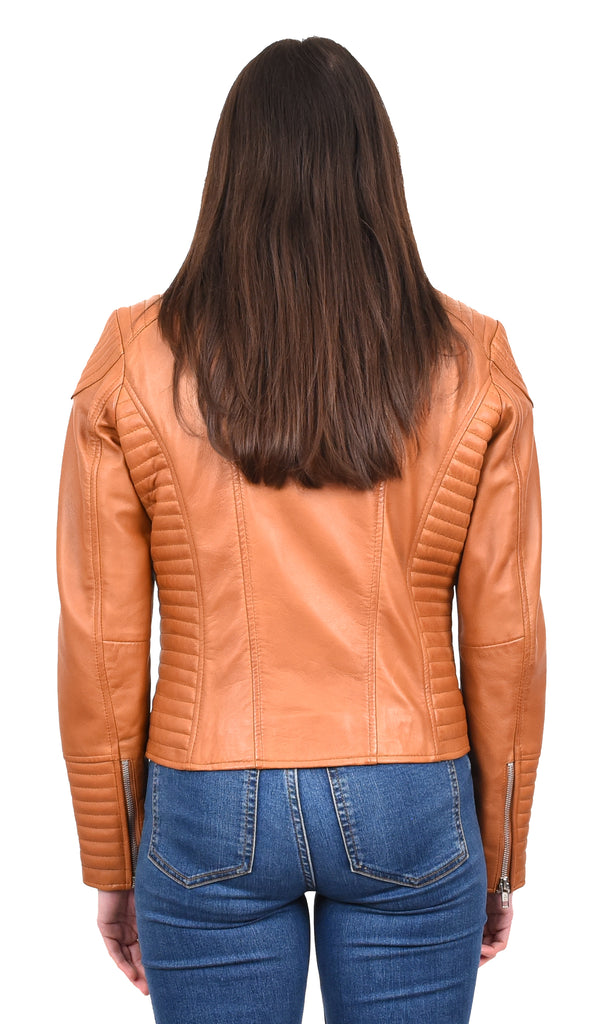 DR206 Women's Soft Leather Cross Zip Biker Jacket Tan 4