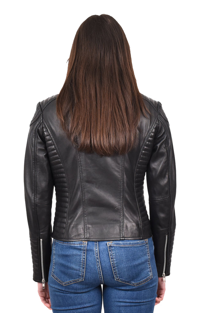 DR206 Women's Soft Leather Cross Zip Biker Jacket Black 4