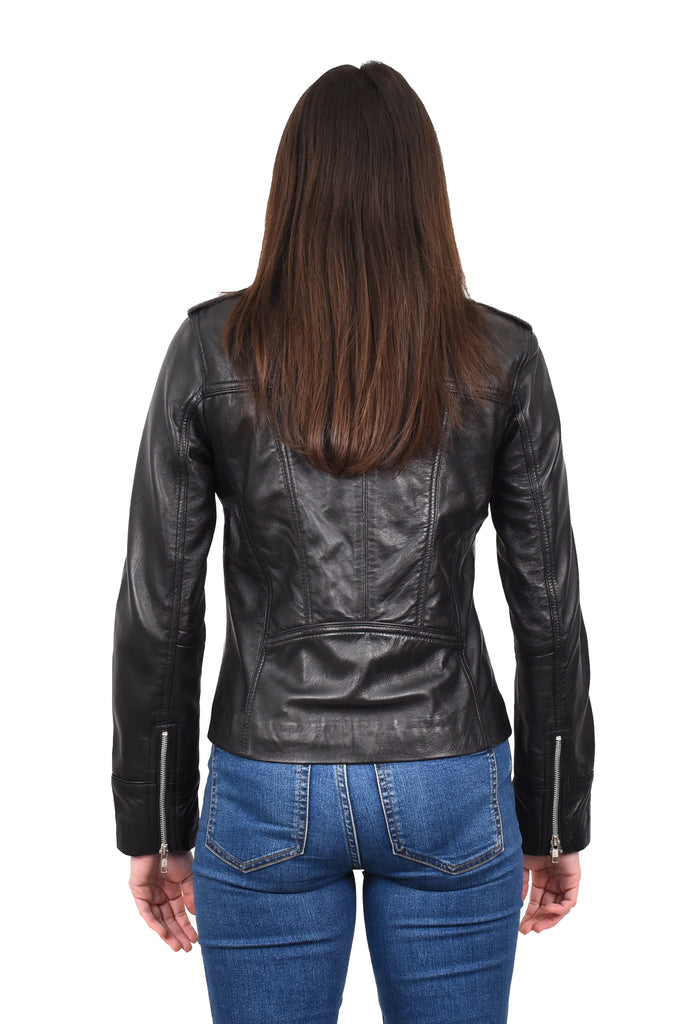 DR194 Women's Casual Leather Biker Jacket Short Black 4