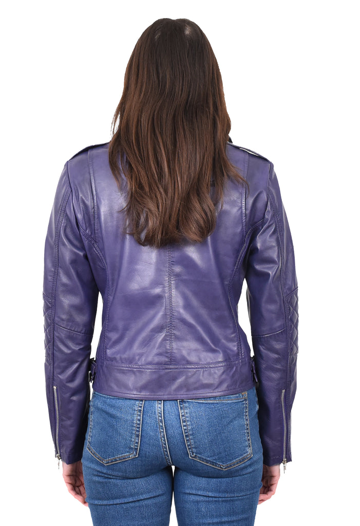DR207 Women's Real Leather Biker Cross Zip Jacket Purple 4