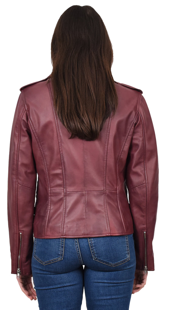 DR195 Women’s Trendy Biker Leather Jacket Burgundy 4