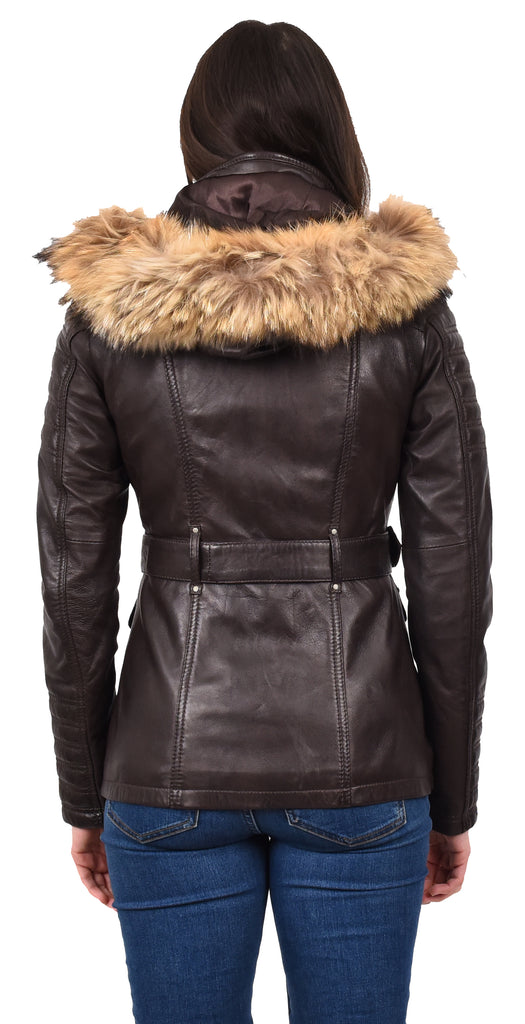 DR264 Women's Leather Parka Coat Detachable Hoodie Waist Belt Brown 4