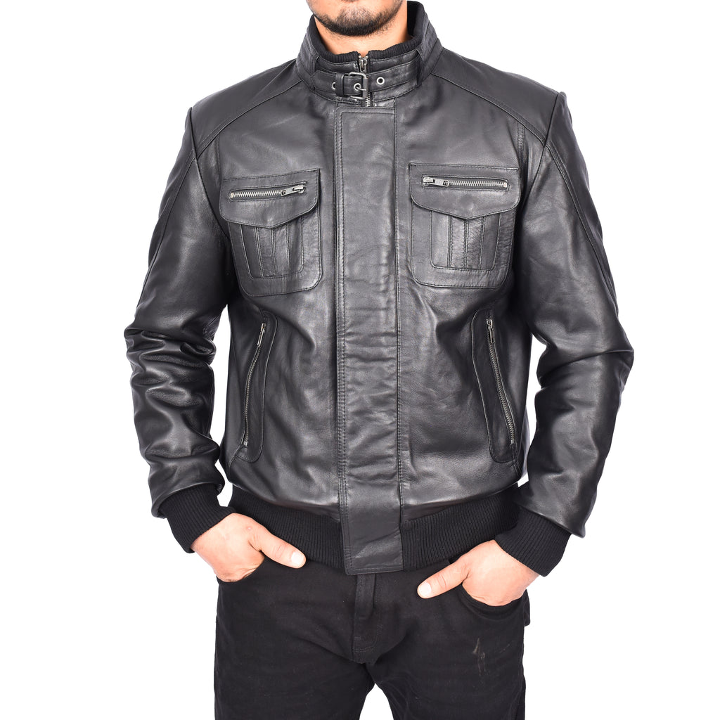 Men's Bomber Style Real Leather Jacket Black Boden-4