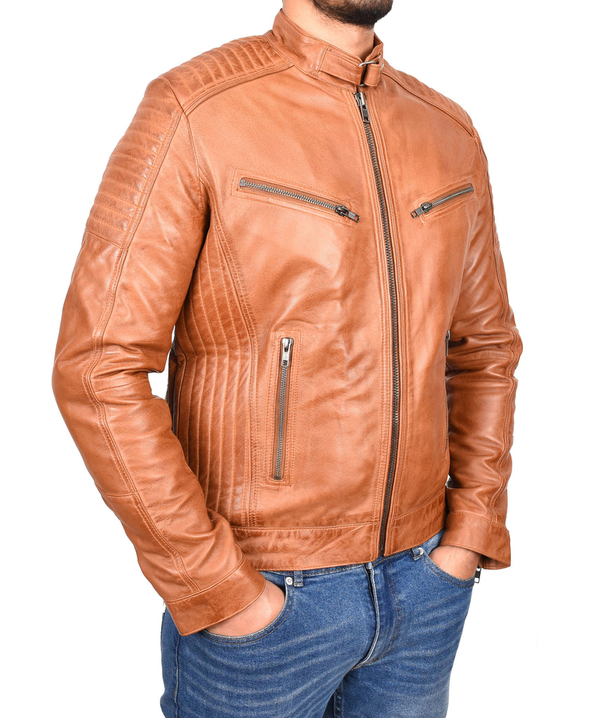 DR101 Men's Leather Cafe Racer Biker Jacket Tan 4