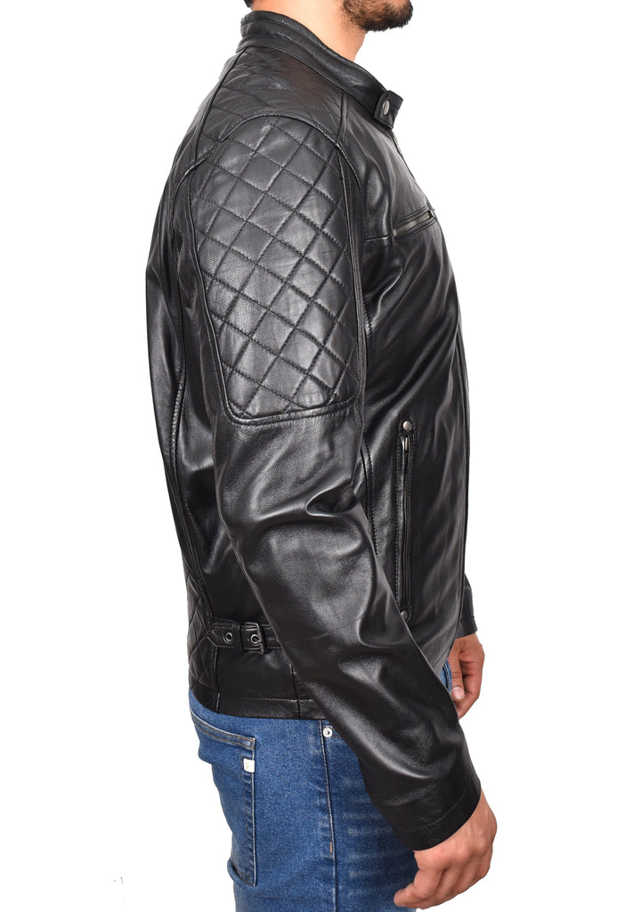 DR158 Men's Classic Quilted Biker Leather Jacket Black 4