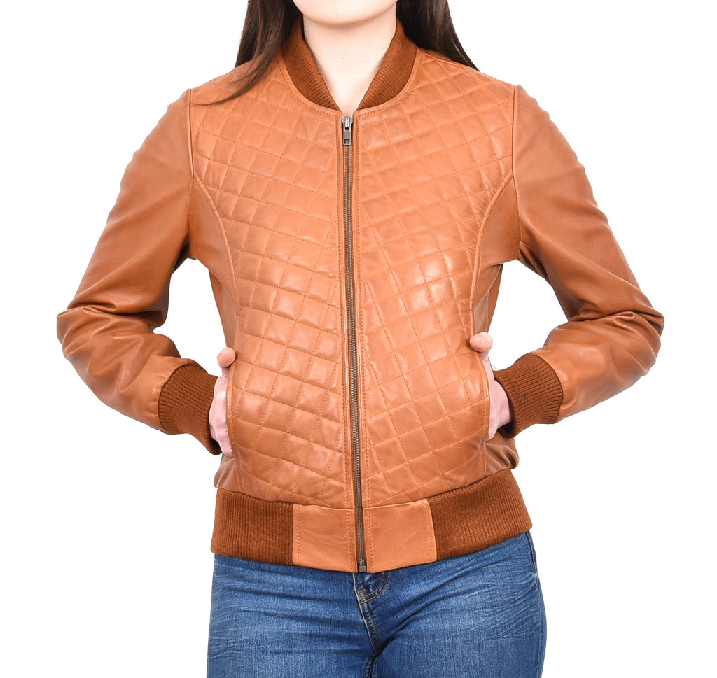 DR211 Women's Quilted Retro 70s 80s Bomber Jacket Tan 4