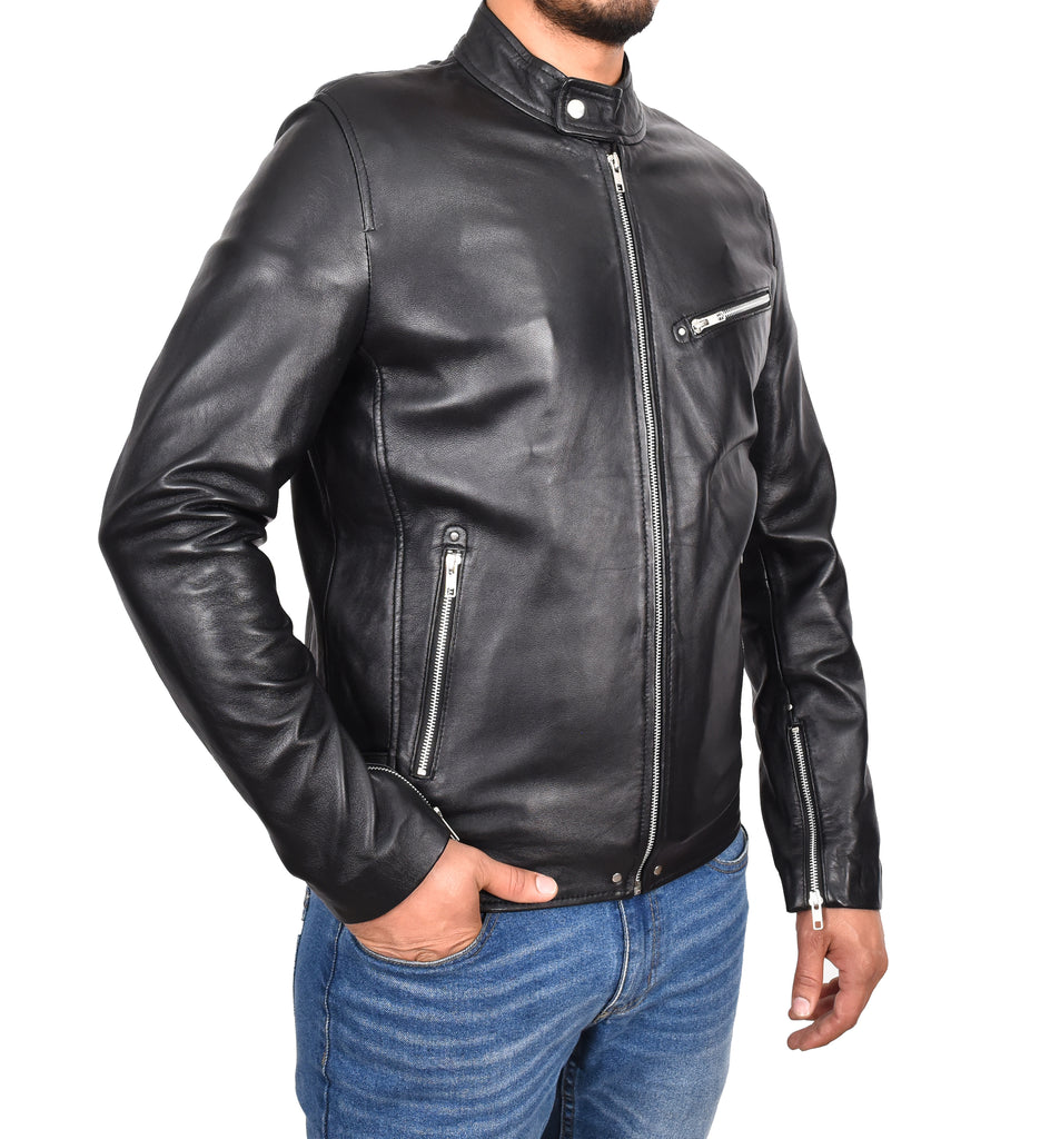 DR141 Men's Biker Sheep Leather Jacket Black 4