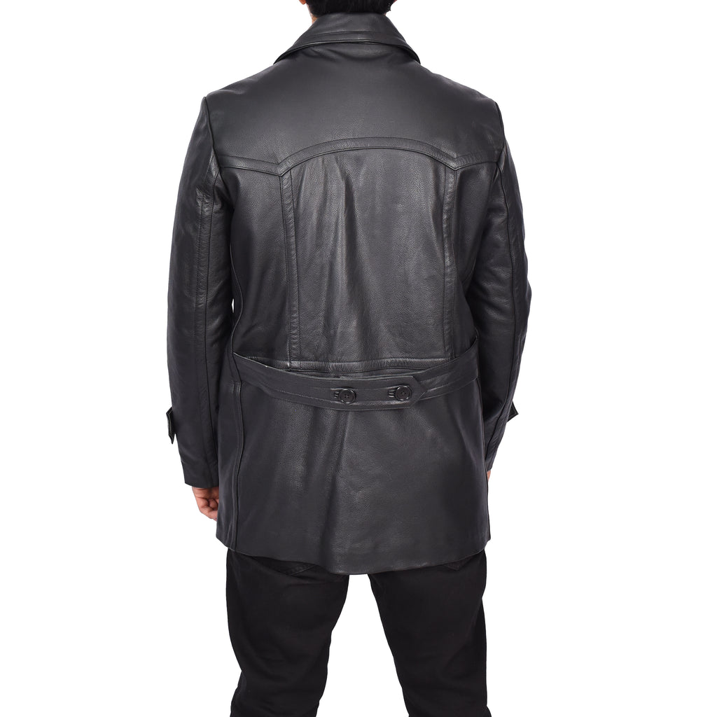 Men’s Trench Pure Leather Fitted Reefer Military Overcoat Black Denbey-4