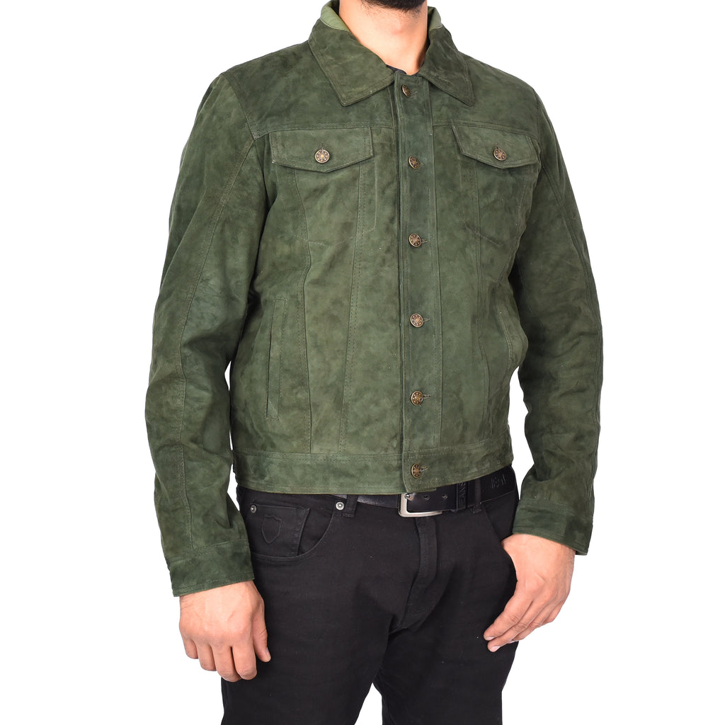 Men's Genuine Suede Buttoned Leather Jacket Trucker Style Green Rorik-4