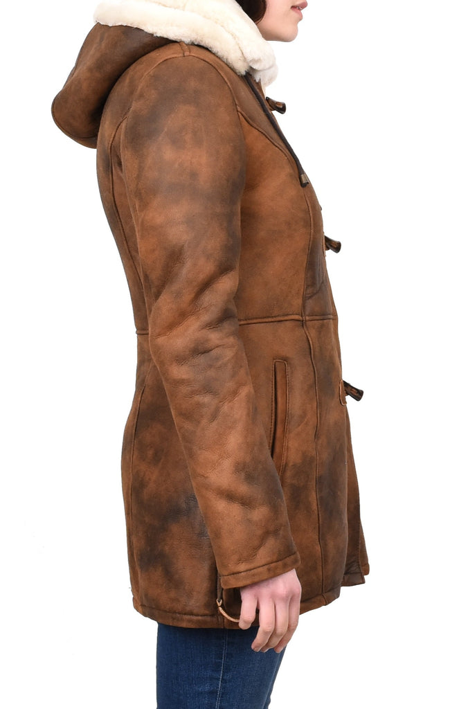 DR229 Women's Sheepskin Duffle Coat Mid Length Tan 4