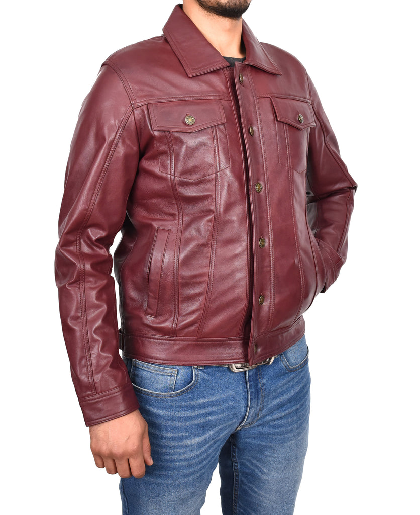 DR134 Men's Classic Short Leather Jacket Burgundy 4